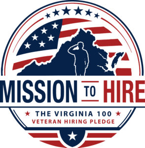 Logo for Mission to Hire: The Virginia 100 Veteran Hiring Pledge, featuring Virginia silhouette, stars and stripes, and bold title text.